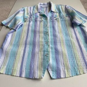 Alfred Dunner button up, pastel stripes and embroidered flowers.